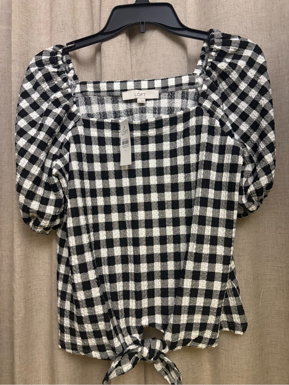 LOFT Black & White Gingham Puff-Sleeve Tie-Front Top